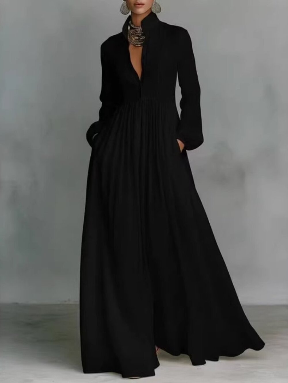 French-Style Long Sleeve Pleated A-Line Dress – Women’s Elegant Loose Fit Dress